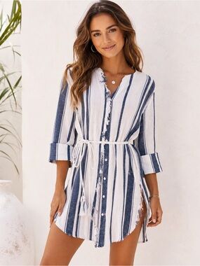 PAPARAZZI Navy and White Striped Swim Coverup / Long Shirt/Tunic/Size S /Summer